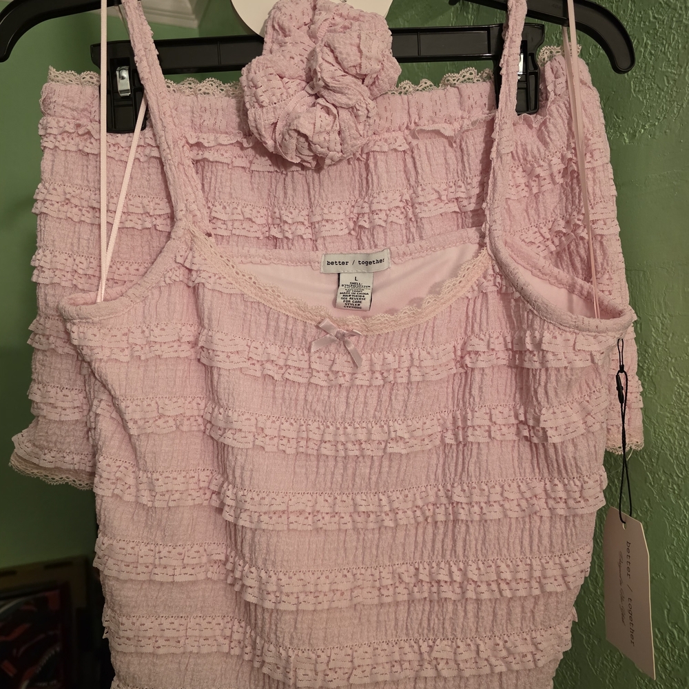 Pink Ruffled Tank Top and Short Set, With Matching Hair Tie